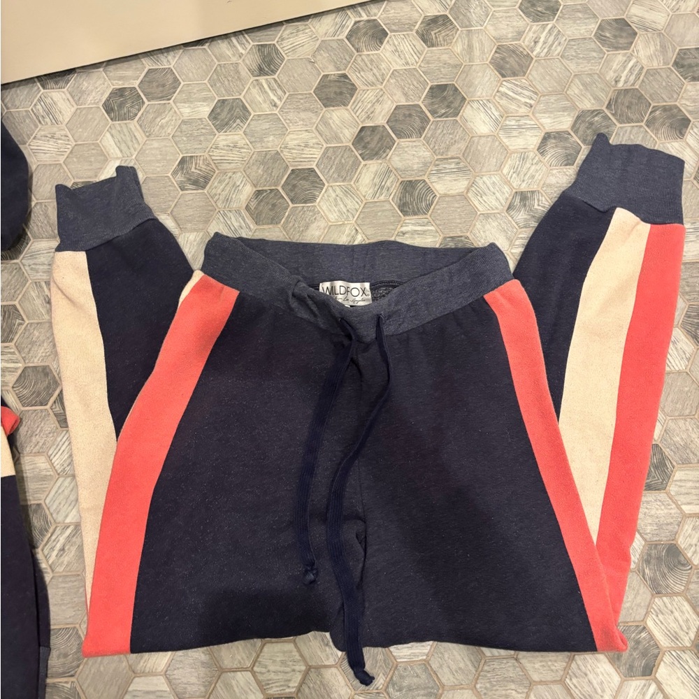 Wildfox Navy Hoodie and Joggers Sweatset with Orange and Cream Stripes - Picture 2 of 2